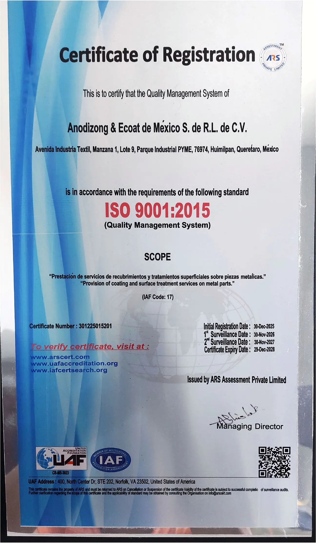 A&EM ISO 9001:2015 quality management system certificate